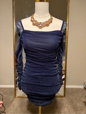 Navy Sparkle Ruched Square-Neck Dress